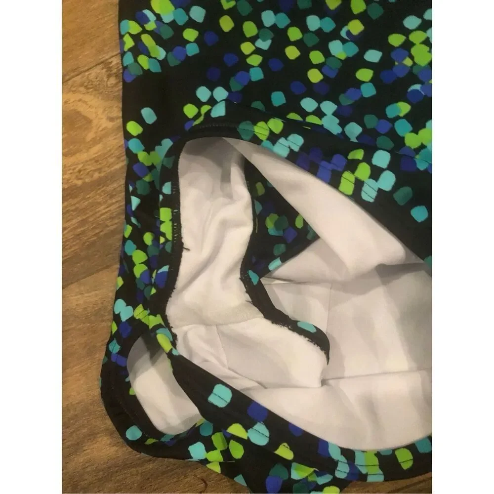 Speedo classic racerback swimsuit with a vibrant blue and green patterned print